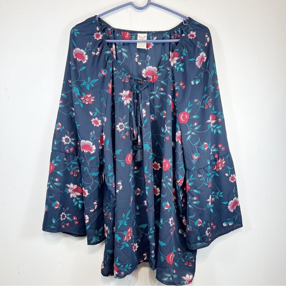 Faded Glory Navy Blue + Pink Floral Tie Blouse Plus Size Woman's 3XL